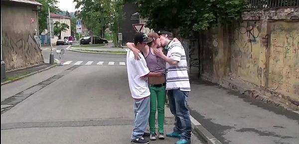  Hot blonde teen Alexis Crystal public gang bang orgy threesome with 2 young guys